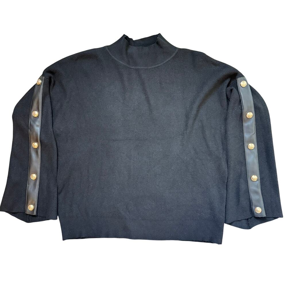 Vila Milanio Black Mock Neck Sweater with Leather Button Detail - Size M